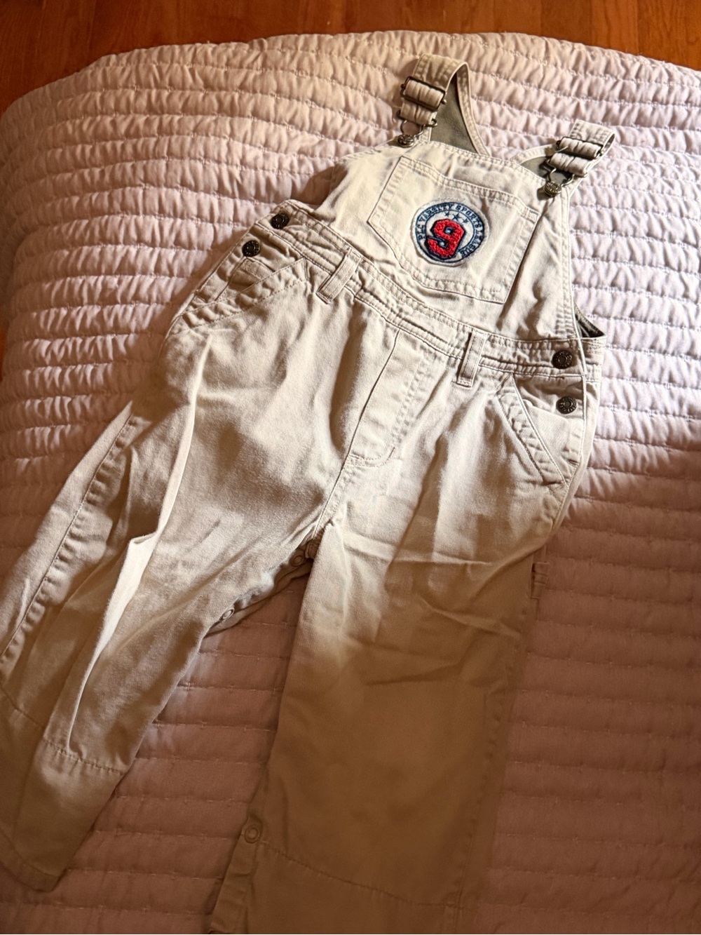 The Children's Place Cream Overalls with Red Number Patch